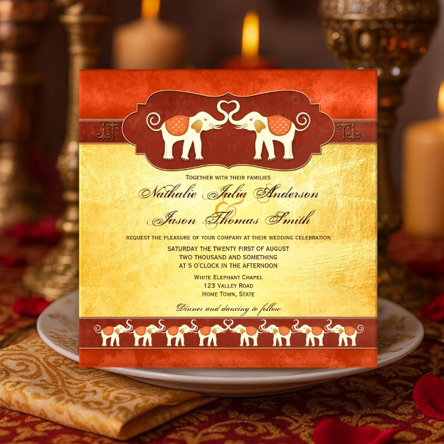 Artistic Indian White Elephants Wedding Invitation (Indian art inspired wedding invitation featuring two ivory elephants and their families)