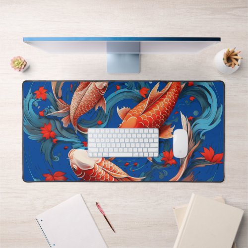 Artistic Koi Fish with Blue Base Desk Mat