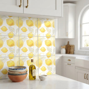 Artistic Lemons Yellow Grey Seamless Pattern Ceramic Tile