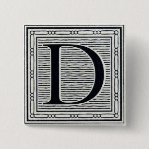 Artistic Letter "D" Woodcut Woodblock Initial Button