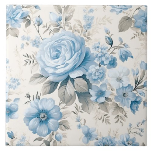 Artistic Light Pastel Blue Roses Ceramic Tile