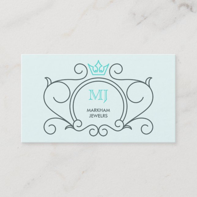 Artistic Logo Crown Diamond Gem Grey Aqua Business Card (Front)