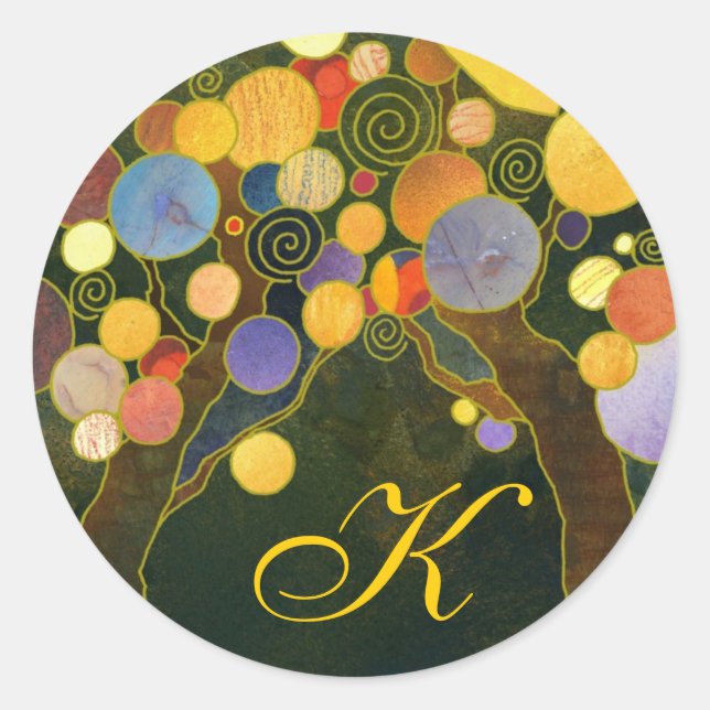 Artistic Love Trees Wedding Favor Monogram Classic Round Sticker (Front)