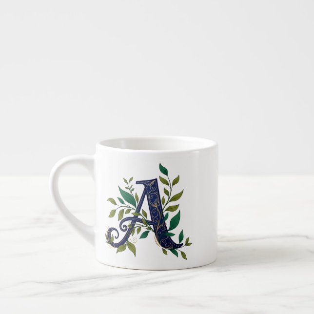 Artistic M – Fancy Blue & Gold Letter Espresso Cup (Left)