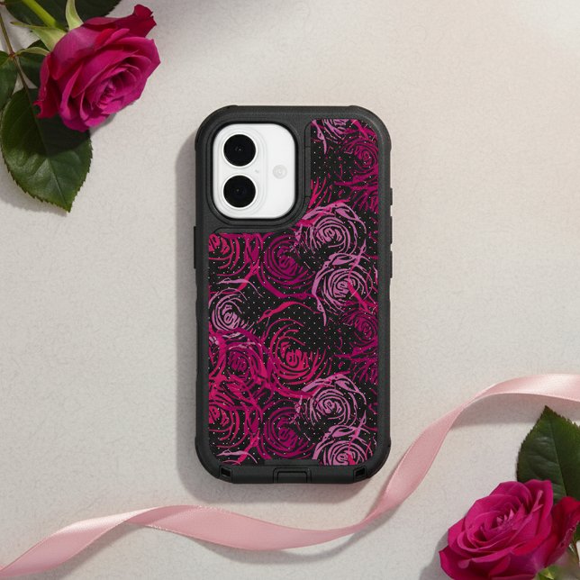 Artistic Magenta Abstract Rose Pattern Black Otterbox iPhone Case (Creator Uploaded)