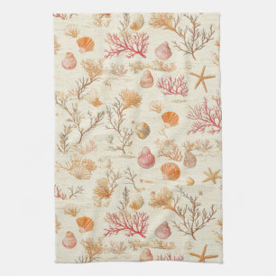 Artistic Marine Coral Seashell Terracotta Ivory Kitchen Towel