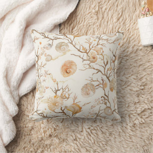 Artistic Marine Coral Seashell Terracotta Ivory Throw Pillow