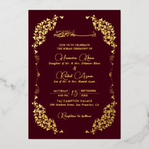 Artistic Maroon Burgundy Floral Paisley Wedding Foil Invitation