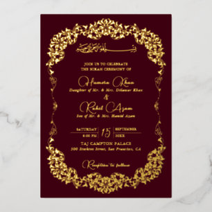 Artistic Maroon Burgundy Floral Paisley Wedding Foil Invitation