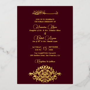 Artistic Maroon Burgundy Floral Paisley Wedding Foil Invitation