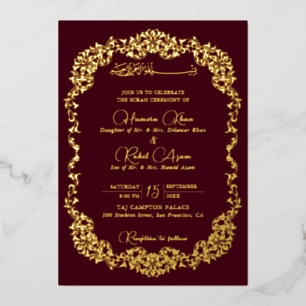 Artistic Maroon Burgundy Floral Paisley Wedding Foil Invitation