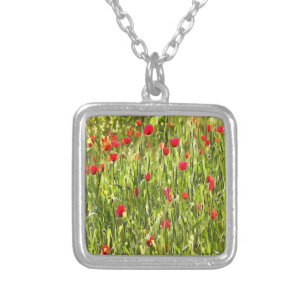 Artistic Meadow Poppy Landscape Silver Plated Necklace