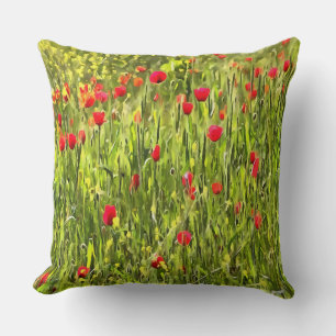 Artistic Meadow Poppy Landscape Throw Pillow