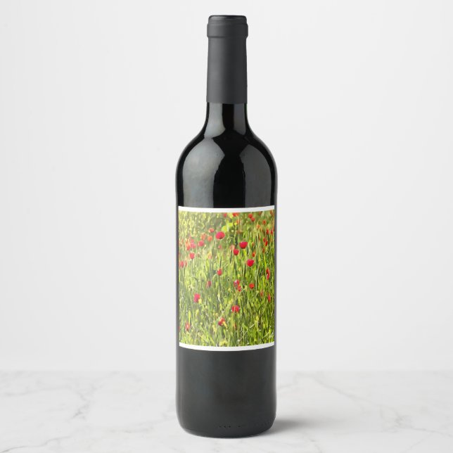 Artistic Meadow Poppy Landscape Wine Label (Front)