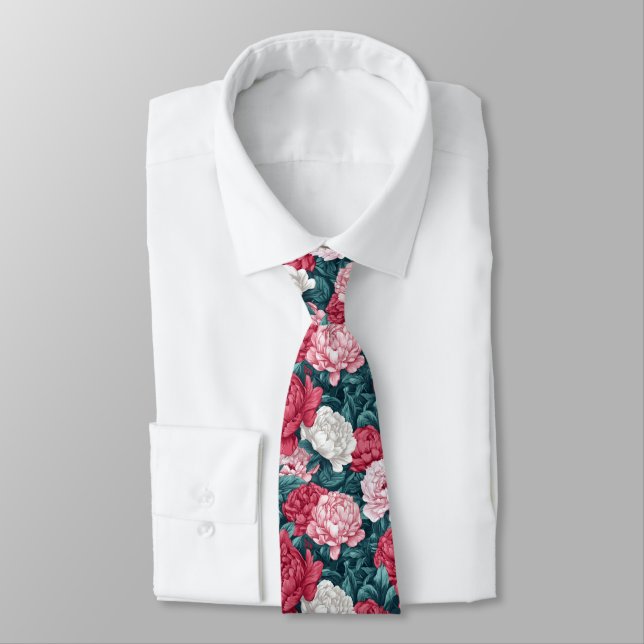 Artistic Mens Accessories Peonies Floral Neck Tie (Tied)