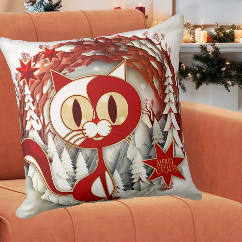 Artistic Merry Catmas Kitty Christmas Pillow
