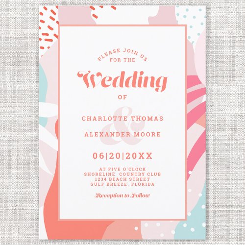 Artistic Modern Abstract Wedding Coral Teal Pink Invitation