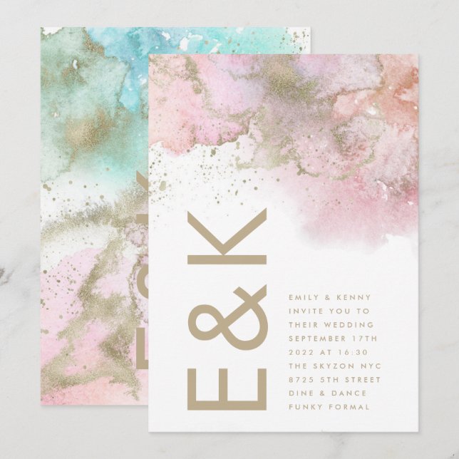 Artistic Modern Foil Watercolor Monogram Wedding Invitation (Front/Back)