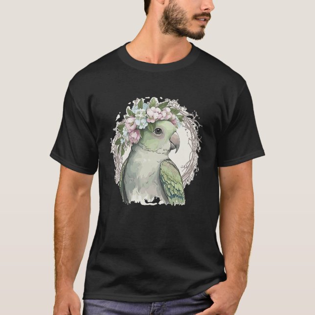 Artistic Monk Parakeet Quaker Parrot Bird Flower C T-Shirt (Front)