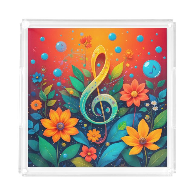Artistic Musical Note Surrounded By Colorful Flowe Acrylic Tray (Front)