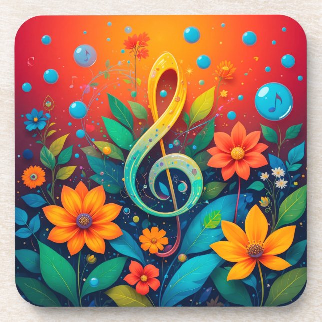 Artistic Musical Note Surrounded By Colorful Flowe Beverage Coaster (Front)