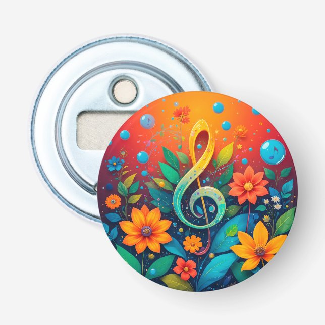 Artistic Musical Note Surrounded By Colorful Flowe Bottle Opener (Front)