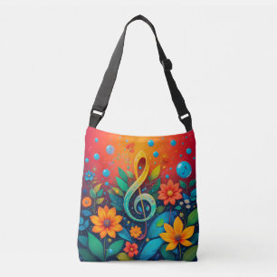 Artistic Musical Note Surrounded By Colorful Flowe Crossbody Bag