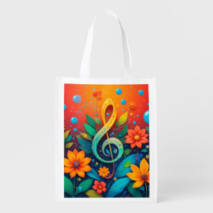 Artistic Musical Note Surrounded By Colorful Flowe Grocery Bag