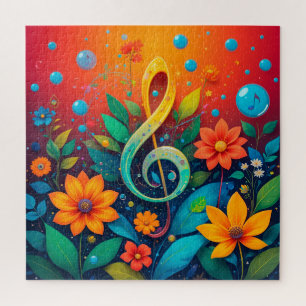 Artistic Musical Note Surrounded By Colorful Flowe Jigsaw Puzzle