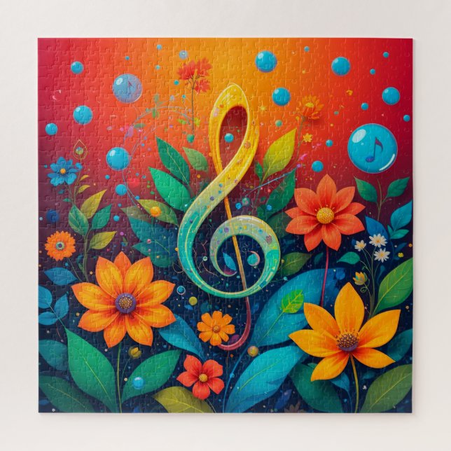 Artistic Musical Note Surrounded By Colorful Flowe Jigsaw Puzzle (Vertical)