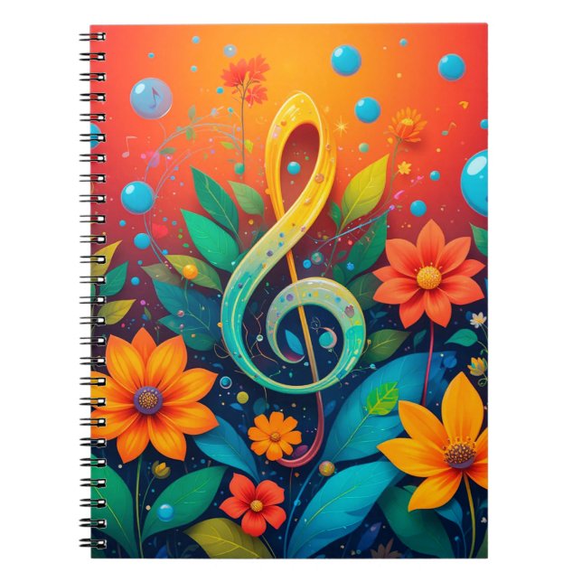 Artistic Musical Note Surrounded By Colorful Flowe Notebook (Front)