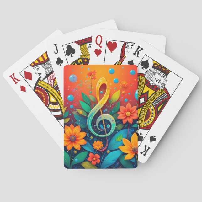 Artistic Musical Note Surrounded By Colorful Flowe Poker Cards (Back)