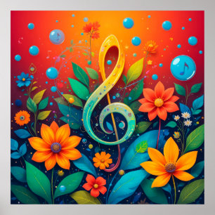 Artistic Musical Note Surrounded By Colorful Flowe Poster