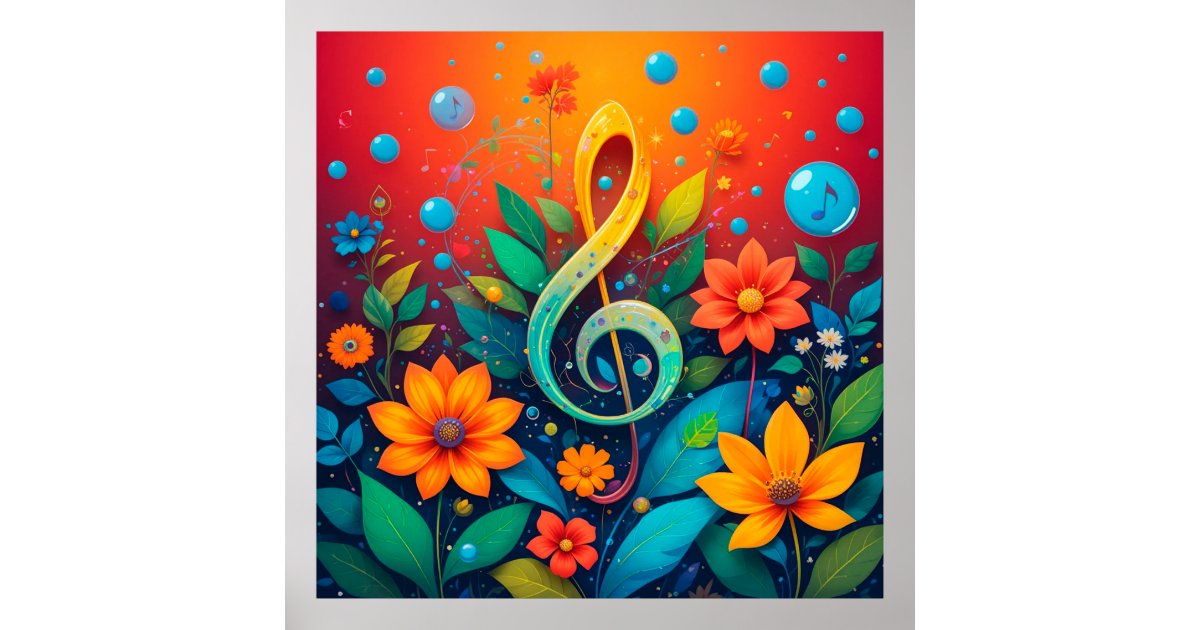 Artistic Musical Note Surrounded By Colorful Flowe Poster | Zazzle