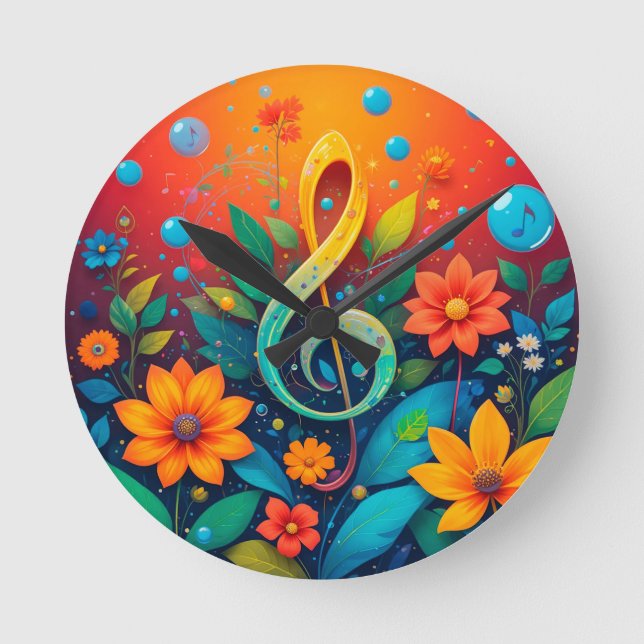 Artistic Musical Note Surrounded By Colorful Flowe Round Clock (Front)