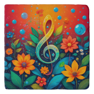 Artistic Musical Note Surrounded By Colorful Flowe Trivet