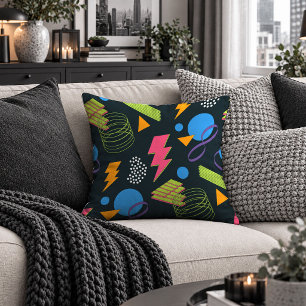 Artistic Neon Abstract Shapes Black Pillow Decor