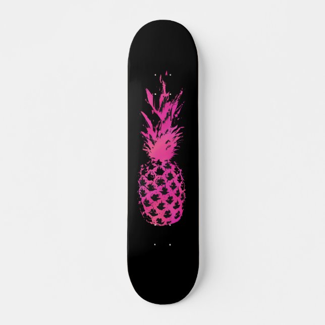 Artistic neon pink and black watercolor pineapple skateboard deck (Front)