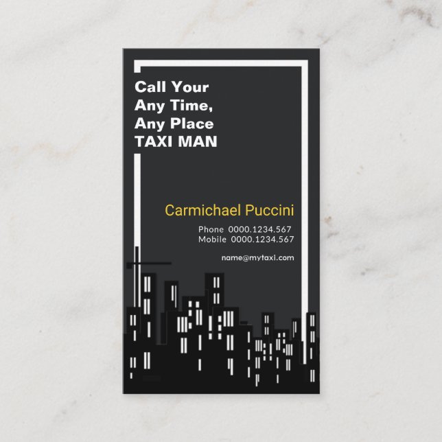 Artistic Night Silhouette White Border Taxi Driver Business Card (Front)