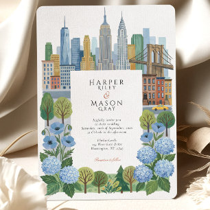 Artistic NYC Skyline Slate Blue Hydrangea Wedding Invitation