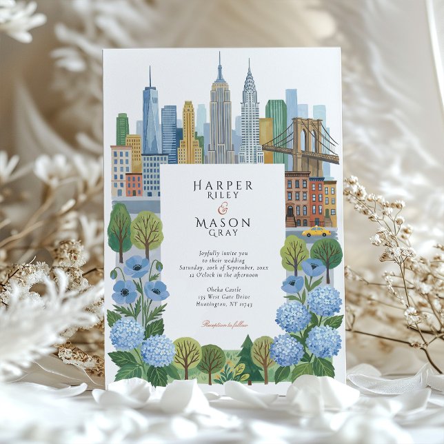 その他 Invitation Artistic NYC Skyline Slate Blue Hydrangea Wedding Invitation | Zazzle