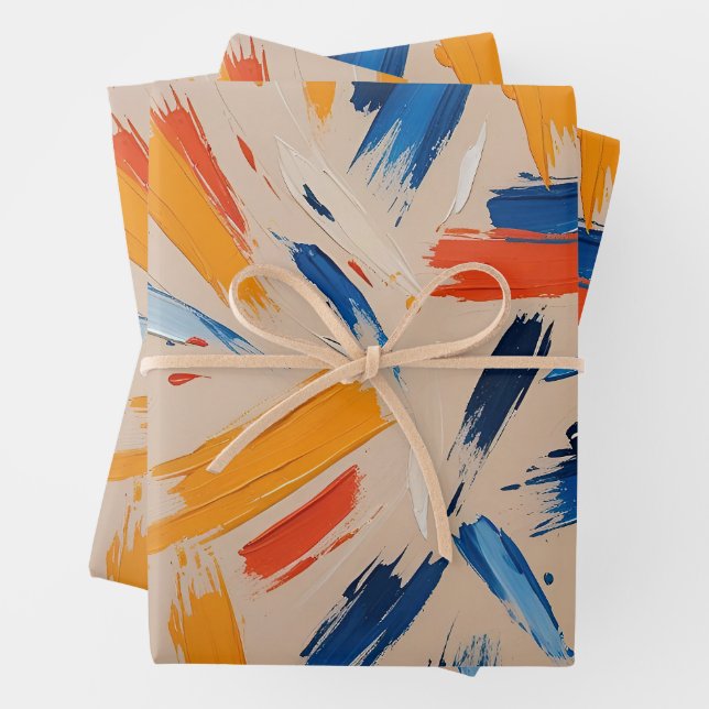 Artistic Orange and Blue Expressionist Wrapping Paper Sheets (In situ)