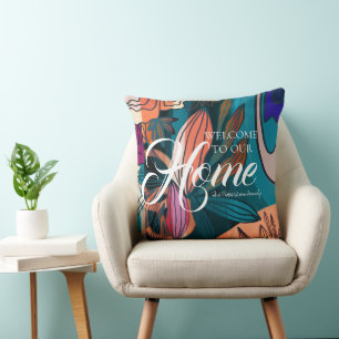 Artistic Orange Navy Blue Botanical Leaves Welcome Throw Pillow