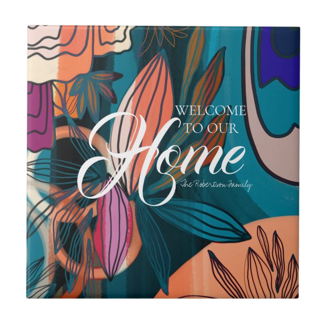 Artistic Orange Pink Navy Botanical Leaves Welcome Ceramic Tile (Front)