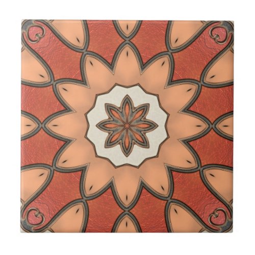 Artistic Orange Red Floral Geometric Ceramic Tile