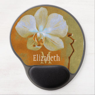 Artistic Orchid Flower Monogram Golden Green Back Gel Mouse Pad