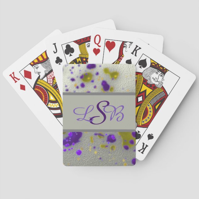 Artistic Paint Splatters Purple Yellow Monogram Poker Cards (Back)