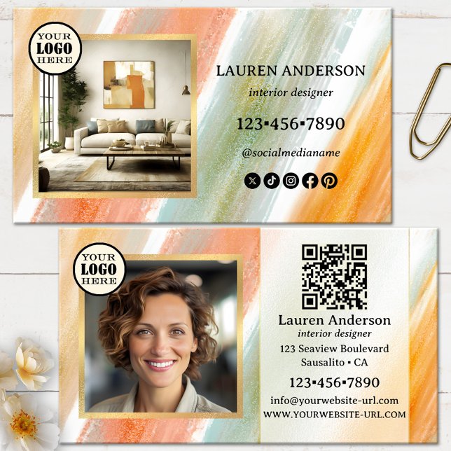 Artistic Paint Swatch Modern Interior Designer Business Card (Business card featuring your own photos on an artistic paint swatch design - interior design)
