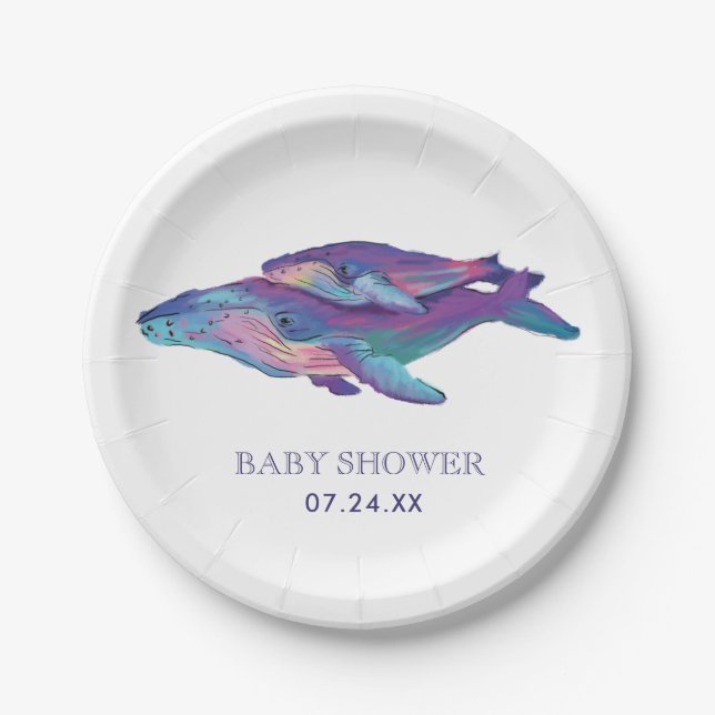 Artistic Painted Whale with Calf Baby Shower Paper Plates (Front)