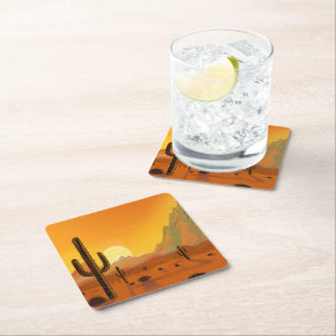 Artistic painting of 2 cacti in the background of  square paper coaster